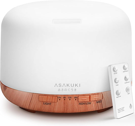 500Ml Essential Oil Diffuser, 5 in 1 Ultrasonic Diffuser, Aroma Scented Vaporizer Humidifier, Ｑuiet Diffuser with Timer Settings, Waterless Auto-Off & 7 LED Light Colours