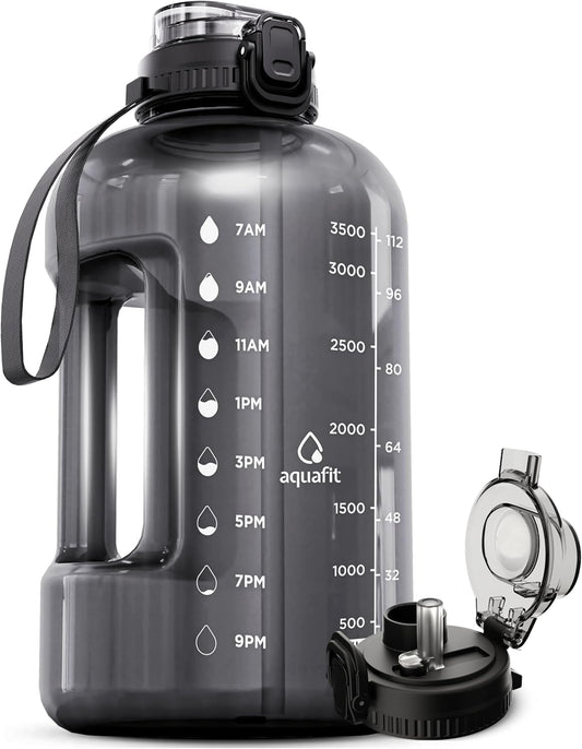 4 Litre Water Bottle with Straw - Water Bottle 4L with Time Marker - One Gallon Big Bottle with Straw - Large Bottle for Gym - 2-In-1 Lid, Grey